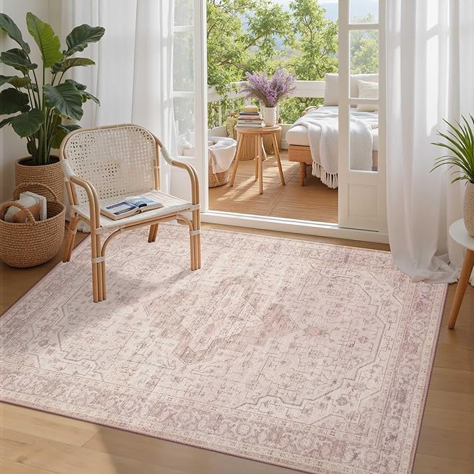 Rugxara 3x5 Washable Entryway Rug, Non Slip Boho Runner Rugs for Hallway, Entrance, Kitchen, Bathroom, Laundry Room, Soft Entryway Carpet, Throw Low Pile Retro Imitation Wool Carpet, Pink