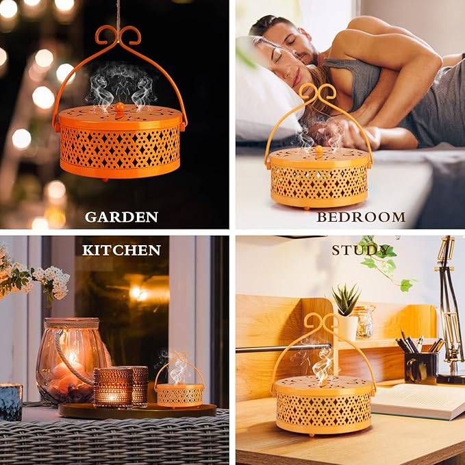 4 Pieces Mosquito Coil Holder Incense Coil Holder Round Retro Portable Metal Hanging Incense Burner with Handle for Home Camping Indoor Outdoor Patio(Yellow)