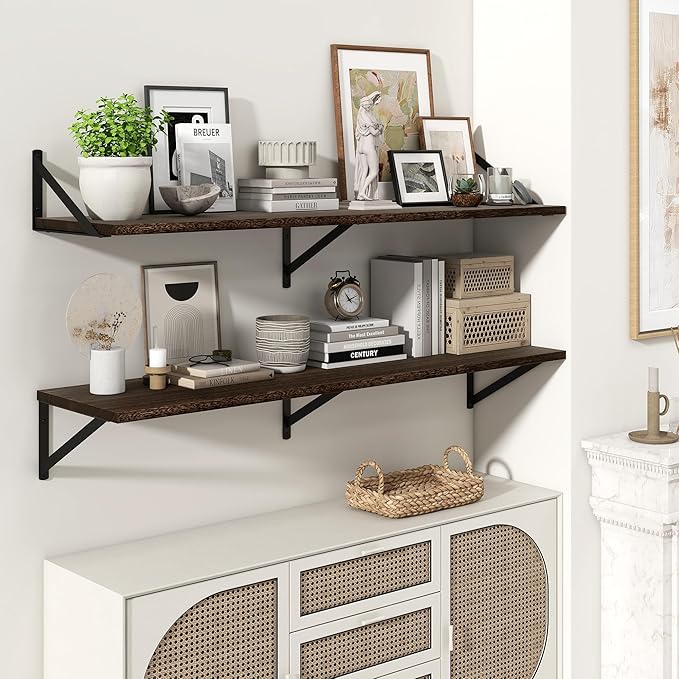 Marsmiles Deep Floating Shelves for Wall - 48 Inch Wide x 12 Inch Deep Wall Shelves Set of 2 - Rustic Wood Floating Shelves for Living Room Bedroom Bathroom