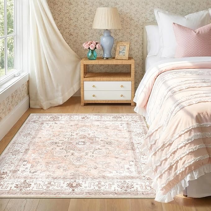 CAPALOCA Machine Washable Rugs Nursery Rug Sq4ft Cute Girl Non Slip Low Pile Water Repellent Soft Print Pattern for Bedroom Indoor Decor Kids Playroom Pink