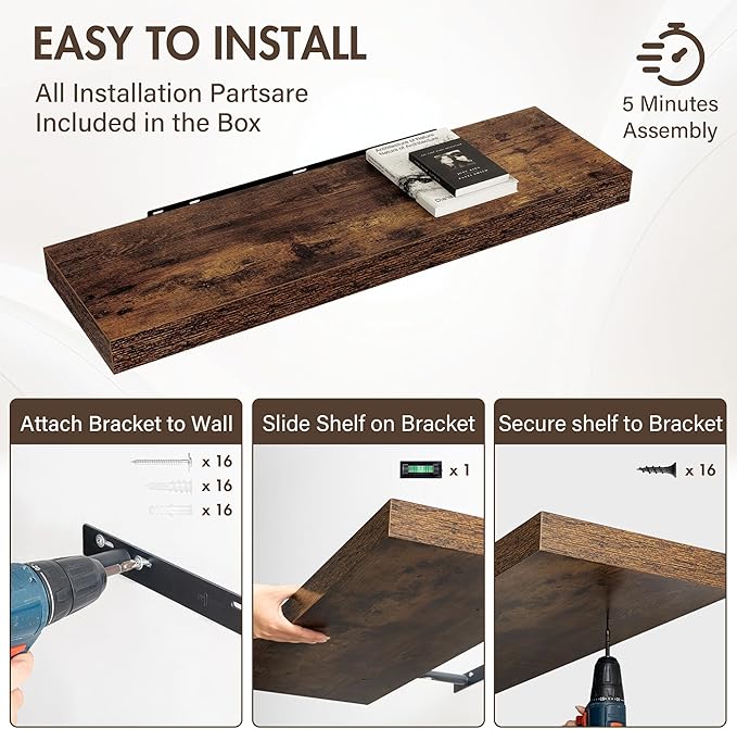 Acovy 40 Inch Floating Shelves, 12" Deep Floating Shelf Wall Mounted, 40" Wall Shelves, Rustic Deep Bookshelf, Extra Deeper & Thicker Display Shelves for Bedroom, Living Room, Brown, Set of 2