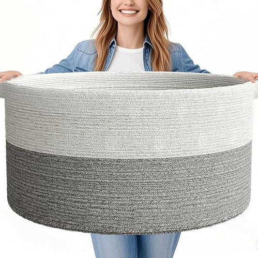 125L Extra Large Blanket Basket, 25" x 16", Jumbo Laundry Woven Basket Decorative Home, Cotton Rope Basket with Handles, Baby Toy Basket for Storage, White & Gray, 2PC