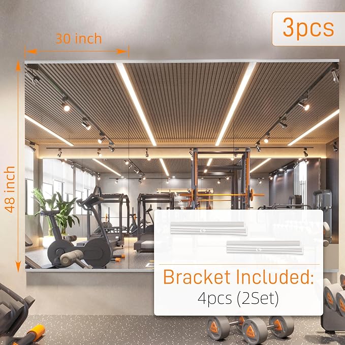 pertetey Home Gym Mirror, 48X30 Inch(Each)-3Pack Wall Mounted Large Frameless Tempered Glass Mirror, Idea for Gym, Yoga, Bedroom, Dance Studio, Living Room