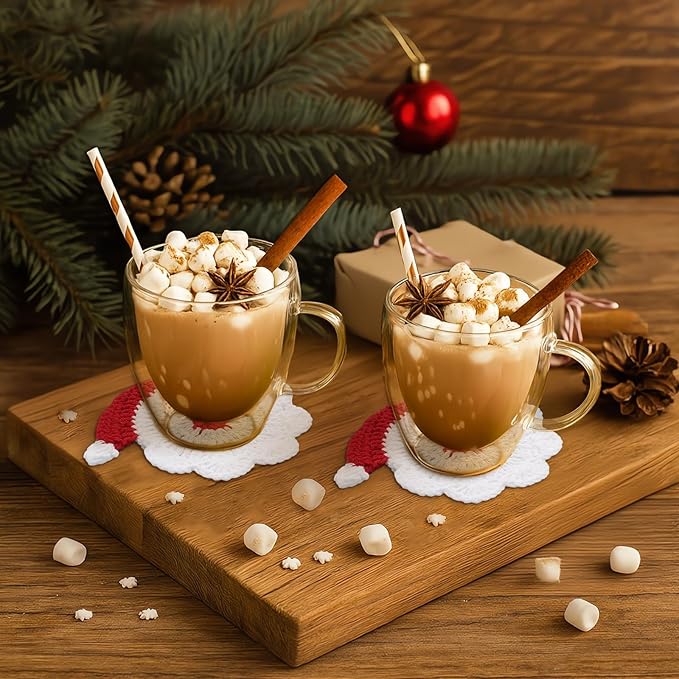 5 Pcs Christmas Crochet Coaster Gift Set Santa Claus Coaster with Body Storage Basket Xmas Handmade Present Woven Cup Mats Kit for Christmas Party Gifts Holiday Kitchen Office Home Decor