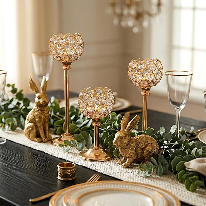 Elegant Crystal Candle Set of 6- Gold Tealight Holders, Votive Candelabras & Bowl Centerpiece Bulk for Dining Table, Wedding Decor