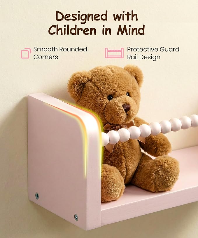Nursery Book Shelves for Wall Set of 3, Pink Natural Wood Bookshelf Wall Decor, Small Floating Shelf Organizer for Kids Room, Bedroom, Kitchen Spice Rack