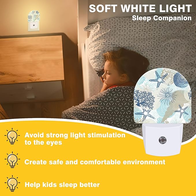 Night Light, Corals and Seashells Night Lights Plug into Wall Dusk to Dawn Sensor Round Nightlight for Women Men Energy Efficient Led Lamp 0.5W for Stairway Hallway Bedroom