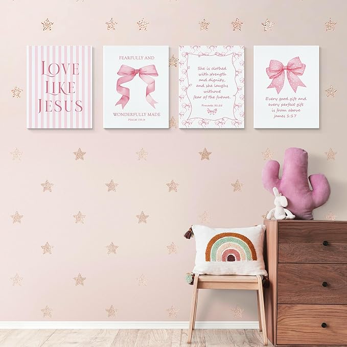 LARTSFRO Coquette Pink Bow Jesus Canvas Wall Art Decor Posters Prints, Light Pink Bow Room Bedroom Bathroom Dorm Wall Art Decor Aesthetic for College Teen Girls Gifts, Inspirational Bible Verses Bow Wall Decor, 11x14 Inch Set of 4 Pcs Bow Pictures (Can...