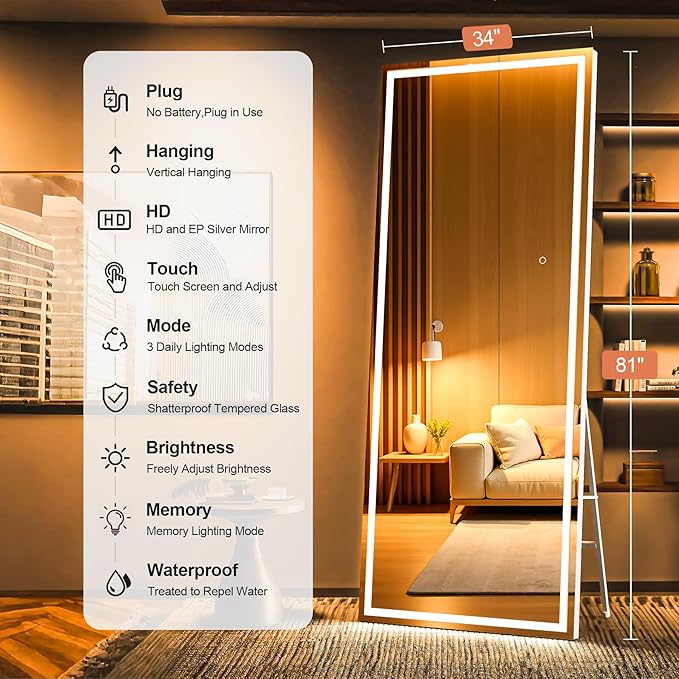 81" x 34" Full Length Mirror with Lights, Large LED Lighted Floor Standing Body Mirror, Dimmable & 3 Color Lighting for Bedroom, Cloakroom, Dressing Room, Tempered Glass, White Frame