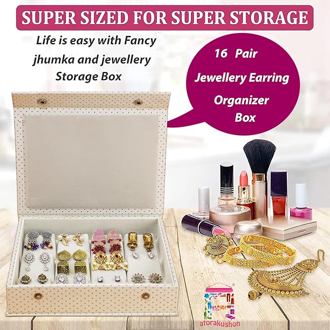 atorakushon PU Leather Makeup jewellery accessories Vanity box to nicely organize the jewellery Jhumka Earrings Cosmetic Necklace and carry it along anywhere easily for Woman (Cream)