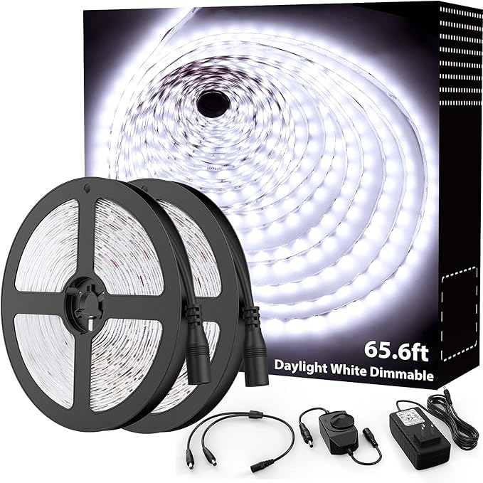 Onforu LED Strip Lighting Bright White, 65.6ft 6000K Dimmable Daylight White Tape Light, Flexible 12V Adhesive Ribbon Easter Rope Light, for Kitchen, Under Cabinet, Bedroom