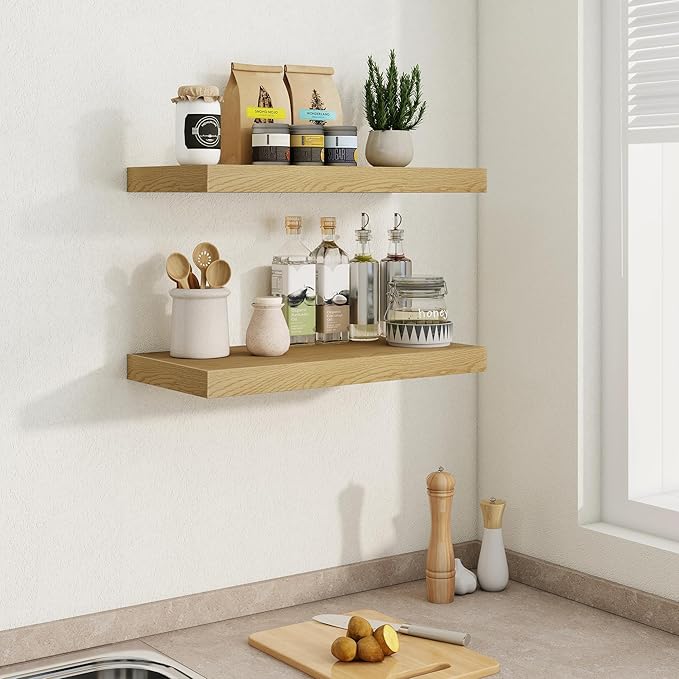Fun Memories Floating Shelves 24 Inch Long, 9.3 Inch Deep Floating Shelf for Lving Room, Bedoom, Kitchen, Deep Wall Shelves for Bathroom, 2 Pack Storage Display Shelf for Books, Decors, Oak
