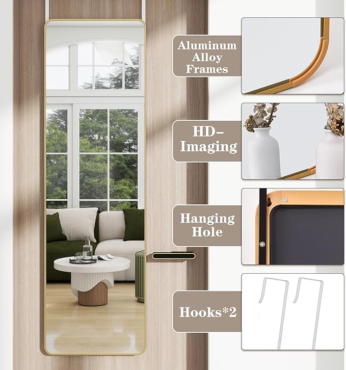 Full Length Door Mirror 14x48, Metal Frame with Protective Film, No-Drilling Hanging or Wall Mount (Horizontal/Vertical), Hooks & Hardware Included, Full Body Mirror for Bedroom, Dorm, Gold