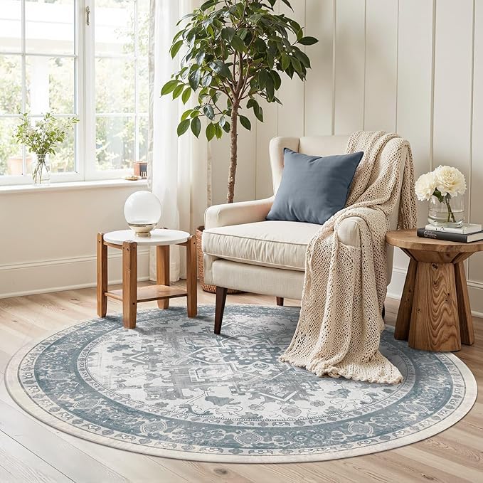 Rugxara 4ft Circle Rug, Soft Round Boho Rug, Washable Non Slip Area Rug for Living Room, Bedroom, Dining Room, Entryway, Round Rugs for Home, Patio, Office, Kids Room, Coral(Blue&Grey)