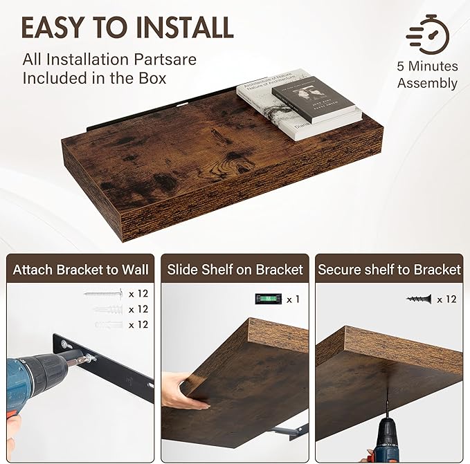 Acovy 24 Inch Floating Shelves, 12" Deep Floating Shelf Wall Mounted, 24" Wall Shelves, Rustic Deep Bookshelf, Extra Deeper & Thicker Display Shelves for Bedroom, Living Room, Brown, Set of 2