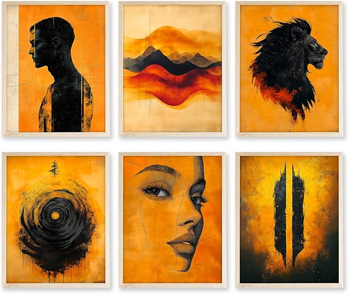 Eastern Print Set of 6 Abstract Masculine Wall Art Prints – Bold Orange & Black Lion, Silhouette, Face Line Posters – Modern Unframed 8x10 Decor for Men’s Room, Office, Man Cave or Creative Studio