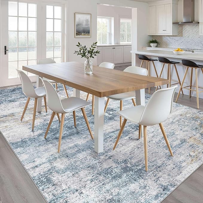 10x14 Area Rugs Living Room: Washable Large Neutral Rug Abstract Soft Modern Stain Resistant Indoor Floor Non-Slip Carpet for Bedroom Nursery Kids Office Playroom Dining Room Under Table- Blue Gold
