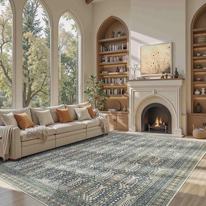 Rugxara 8x10 Washable Area Rugs for Living Room&Bedroom - Floral Boho Vintage Rug,Soft & Non-Slip,Low Pile Wool Carpet for Indoor Dining Room,Girls Room,Nursery Room and Kids Room(Ivory Blue)