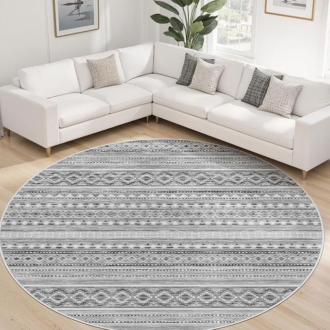 cotiled 8x8 Round Area Rug Living Room: Washable Boho Rugs with Non Slip Backing Large Soft Indoor Stain Resistant Carpet for Bedroom Farmhouse Dining Room Lightweight Home Decor Beige Grey