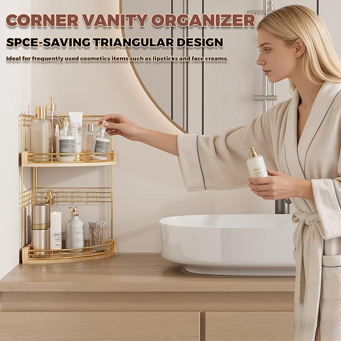 2-Tier Bathroom Countertop Corner Organizer for Small Spaces Counter Shelf for Sink & Vanity, Compact Vertical Storage for Toiletries (Natural)