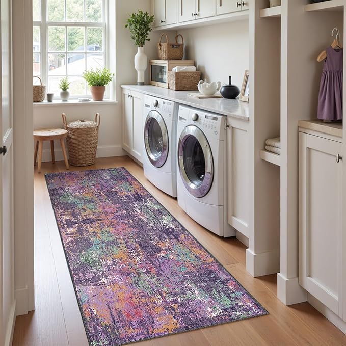 RELEANY Washable Area Rugs 2'x6' Non-Slip Modern Abstract Soft for Living Room Entryway Bedroom Nursery, Print Pattern, Purple Orange Blue Green Rust Red Colorful