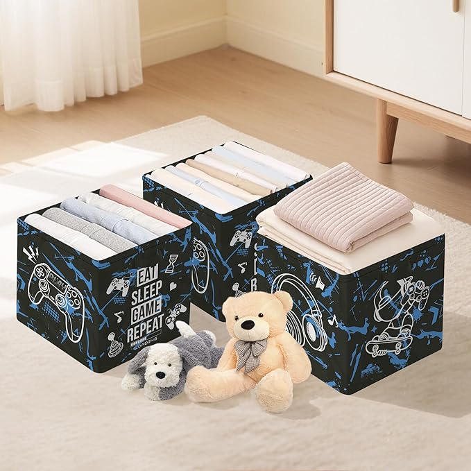 Clastyle 3 Pack 11.8'' Fabric Gamer Storage Basket for Shelves Collapsible Closet Organizers with Metal Frame Bottom Board Large Gamepad Clothes Toy Book Cube Bin for Playroom Bedroom,Blue Black