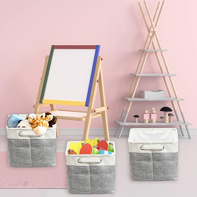 Simple Houseware Large Fabric Storage Bin, 14.4" x 10" with Handles, 3-Pack, Foldable Organizer for Closet and Shelf, Gray