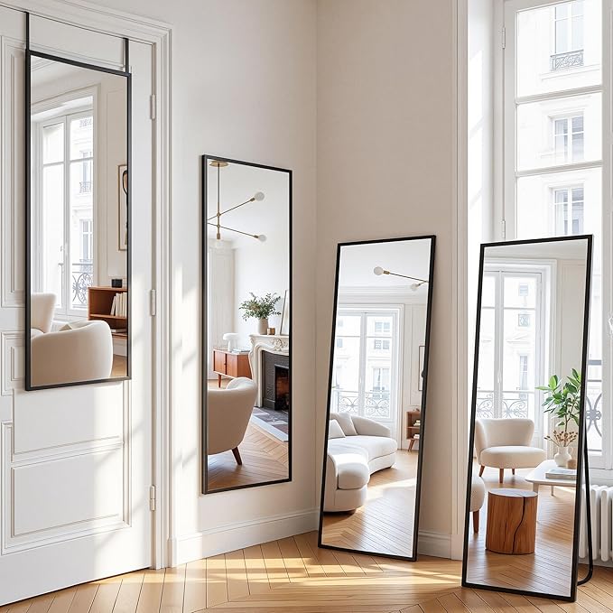 Antok Over The Door Mirror Full Length, 49'' x 14''Wall Mounted Hanging Mirror, Aluminum Alloy Frame, Shatterproof Glass, No Drill Installation for Bedroom, Closet, Bathroom, Dorm, Rect Corner,Black