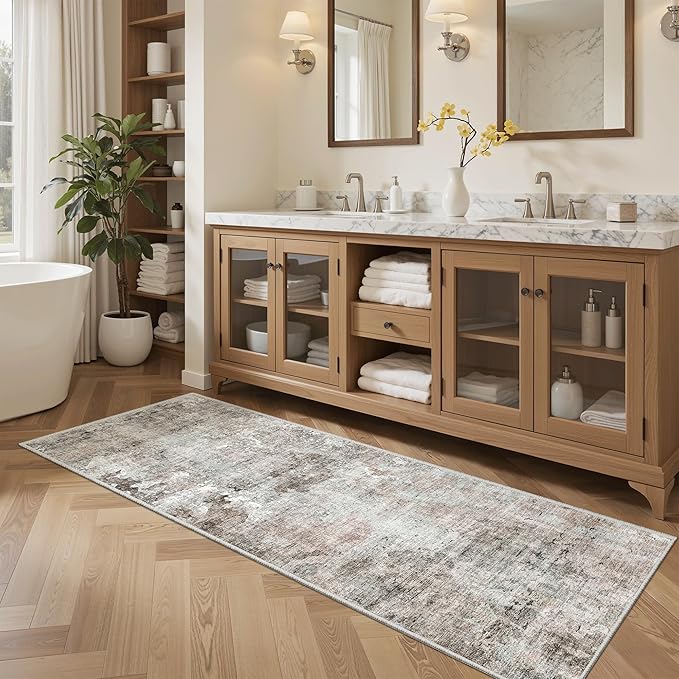 Soalmost Runner Rug 2x5 Washable Non-Slip Kitchen Runner Rugs for Bathroom Laundry Room Pink/Grey Vintage Floor Carpet Runners for Hallway Entryway