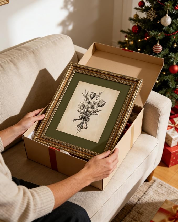 Gold Framed Wall Art Vintage Flower Sketch Wall Art Antique Sage Green Botanical Wall Decor Picture Dark Green Floral Drawing Poster Print for Bedroom Living Room 12x16in