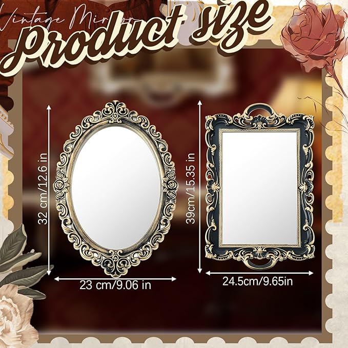 Beeveer 2 Style Vintage Mirrors Set Decorative Oval Wall Mirror Small Antique Mirrored Tray Decorative Hanging Mirror for Bathroom Bedroom Jewelry Organizer Victorian Decor (Square,Antique Gold)