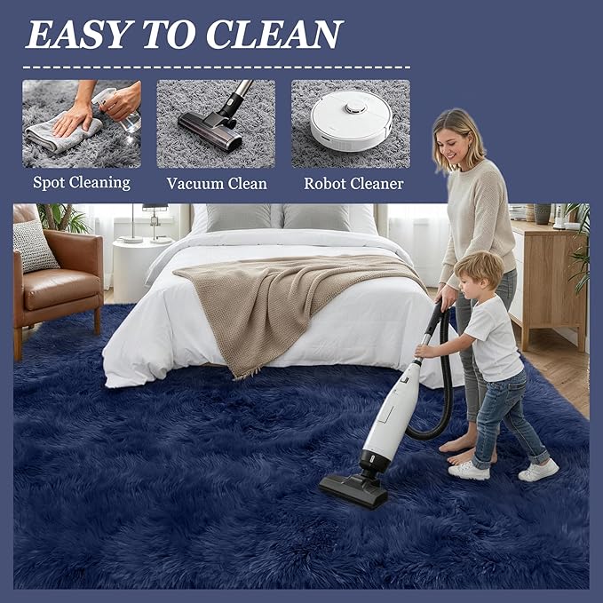8x10 Area Rugs for Living Room Bedroom: Ultra Soft Fluffy Shag Rug Upgrade Non-Slip Non-Shedding Large Fuzzy Plush Carpet Indoor Floor Carpets for Kids Room Playroom Nursery Dorms Home Decor Blue