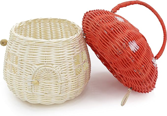 KOLWOVEN Mushroom Basket- Mushroom Home Decor Box With lid Shelves- Rattan Mushroom Newborn Photography Props in Tent, Kitchen - Bag for Kid - Wicker Basket Purse (Red Color)