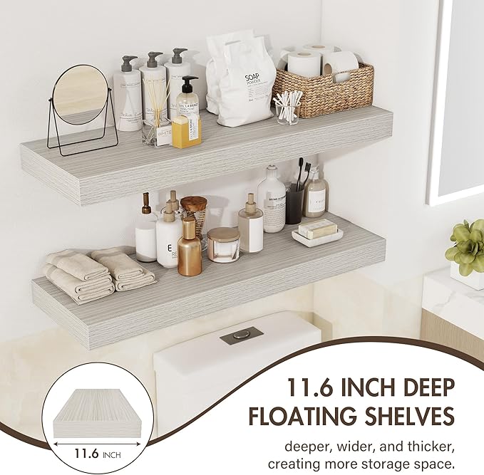 Acovy 72 Inch Floating Shelves, 12" Deep Floating Shelf Wall Mounted, 72" Wall Shelves, Rustic Deep Bookshelf, Extra Deeper & Thicker Display Shelves for Bedroom, Living Room, Gray, Set of 1