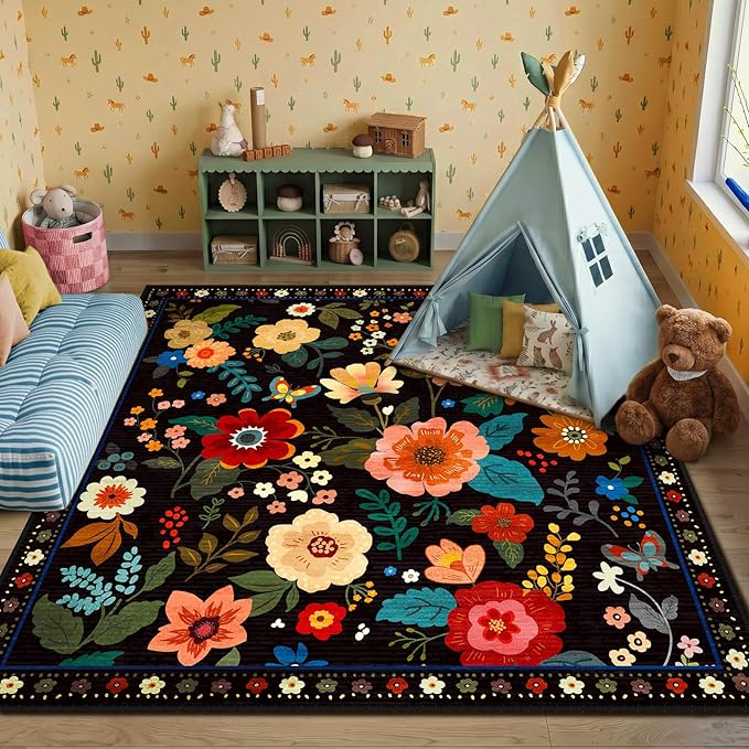 RELEANY Floral Nursery Square 6ft Area Rugs Washable Print Boho Cute Carpet Non Slip Flower Low Pile for Living Room Kids Girls Playroom Bedroom Kitchen Office Farmhouse-Black