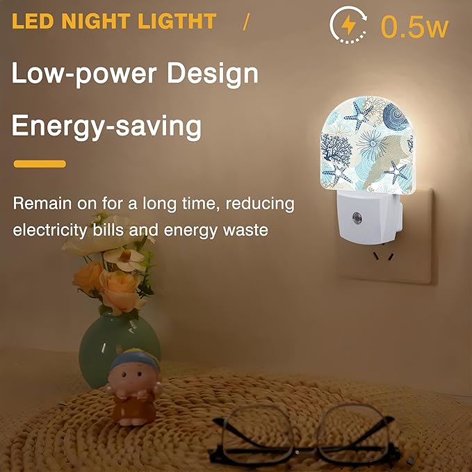Night Light, Corals and Seashells Night Lights Plug into Wall Dusk to Dawn Sensor Round Nightlight for Women Men Energy Efficient Led Lamp 0.5W for Stairway Hallway Bedroom