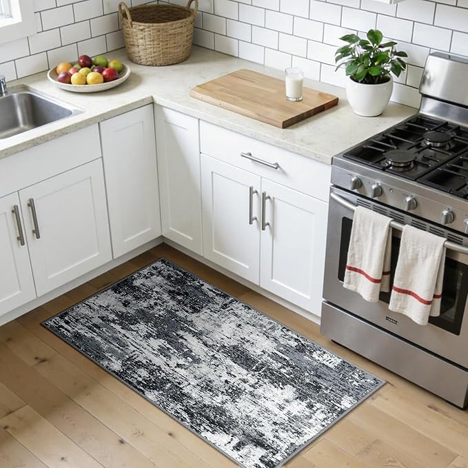 RELEANY Washable Area Rugs 2'x4' Non-Slip Modern Abstract Soft for Living Room Entryway Bedroom Nursery, Print Pattern, Black Navy Blue Gray