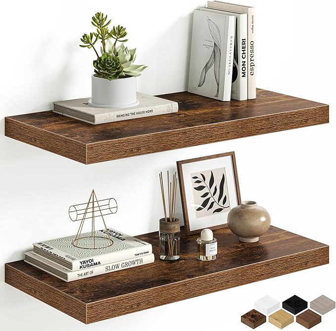 Floating Shelves for Wall, 24 Inch Floating Shelves Set of 2, Wall Mounted Rustic Wood Shelf for Bathroom, Living Room, Bedroom and Kitchen, Hanging Shelf for Storage, Books, Home Decor, Brown