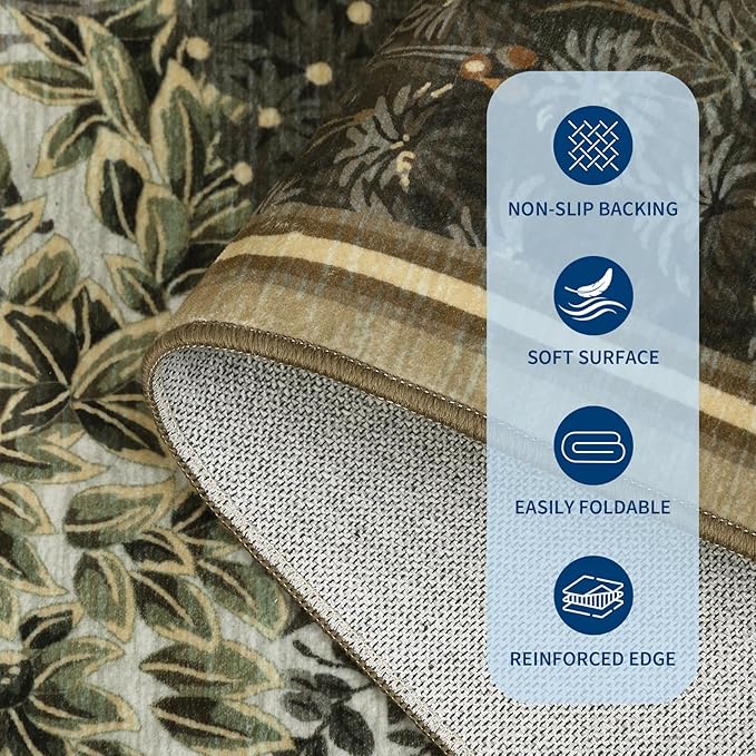 GarveeHome Forest Rugs 5x7, Brown Green Washable Area Rugs for Living Room 5x7, Botanical Low Pile Non Slip Stain Resistance Woodland Rug for Farmhouse, Bedroom, Dining Room