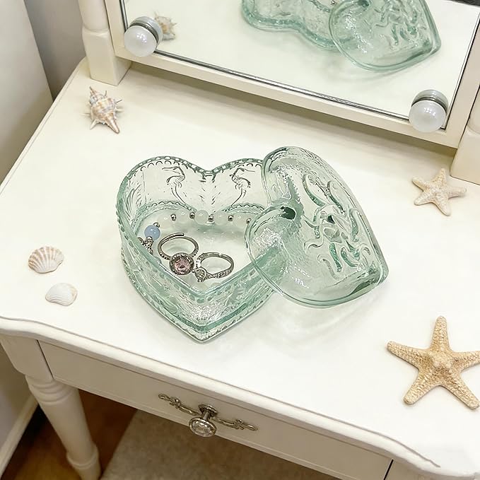 Glass Jewelry Box Heart Shape Cute Box for Storage Ring Earring Trinket Vintage Jewelry Organizer Decorative Gift for Women Girls-GRB021-Blue
