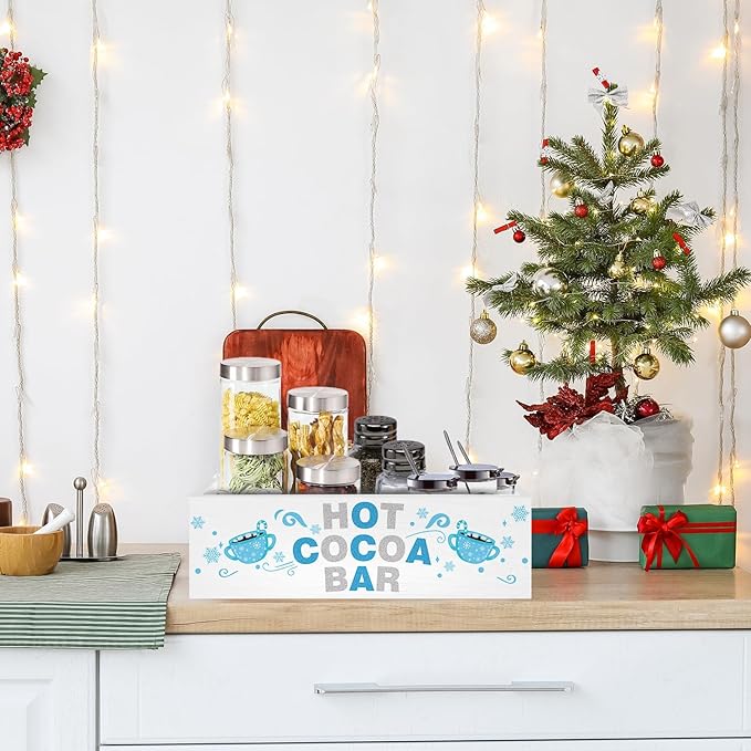 YLOLUL Christmas Hot Cocoa Bar Decor Box Wood Storage Bin Xmas Blue Bar Holder Hot Cocoa Decorative Christmas Cute Wood Storage Bins for Home Kitchen Office Farmhouse Gift
