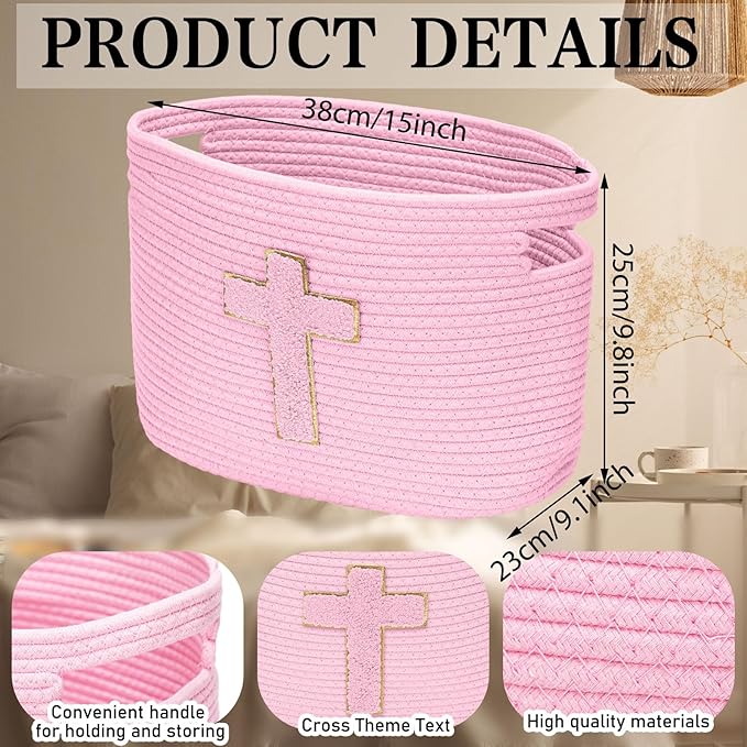 Sliner Baptisms Gifts Basket with Handles, Baptisms Cross Design Cotton Rope Basket Gifts Stuffers Storage for Christenings First Communions Religious Occasions, 15 x 10 x 9 Inch(Pink)