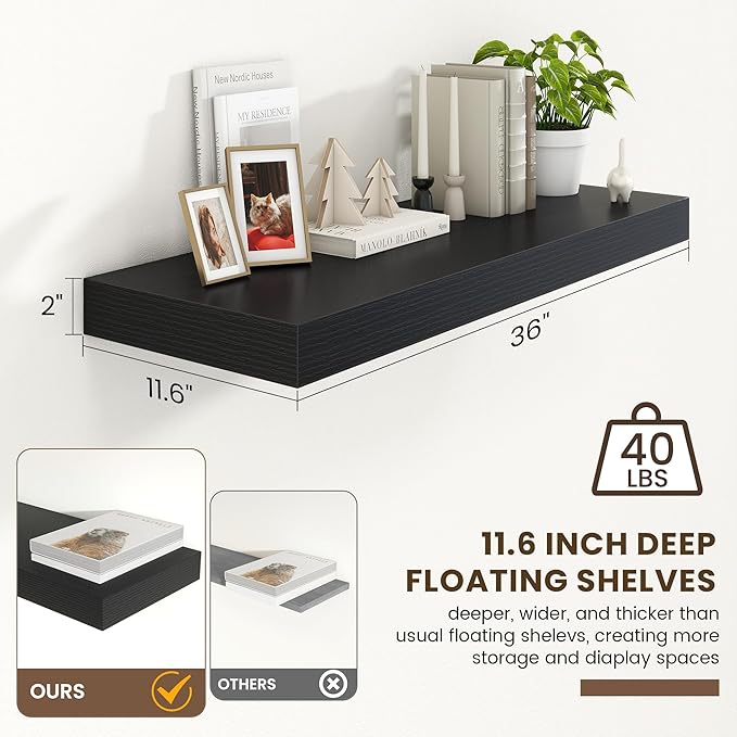 FLYJOE 12 Inch Deep Floating Shelves | 36 Inch Black Floating Shelves | 36" W x 12" D Rustic Wood Shelves for Wall | Deep Black Shelves for Living Room Bathroom Laundry Room Kitchen