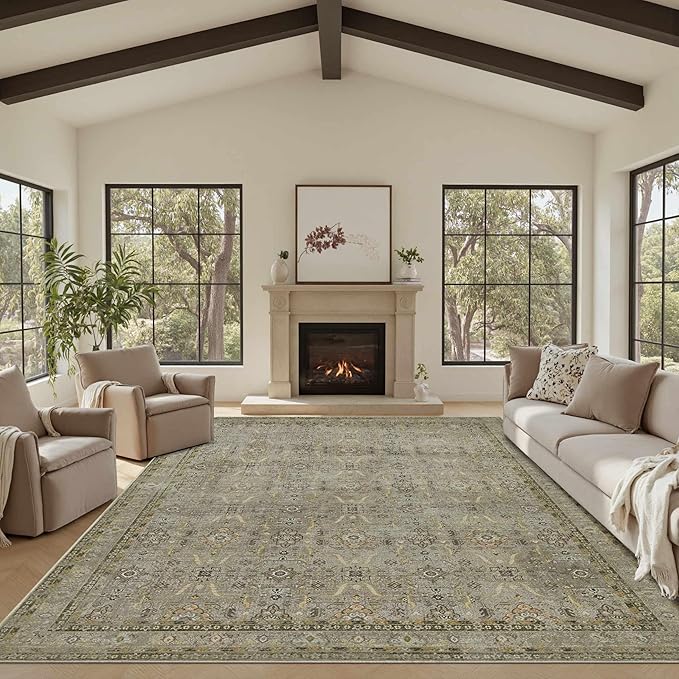 Rugxara 8x10 Area Rugs for Living Room Bedroom, Large Washable Rug, Vintage Floral Boho Rug, Non Slip & Low Pile Faux Wool Thin Carpet for Indoor Dining Room and Kids Room(Olive Brown 8x10ft)