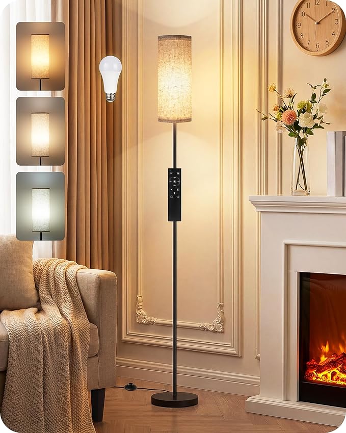 Set of 2 Dimmable Floor Lamps for Living Room with 2 Remotes and Foot Switch, 64.4”Modern Standing Tall Lamp, Corner Lamp for Bedroom, Bulb Included, 3000K-6500K, Beige Shade E06LDP205W1