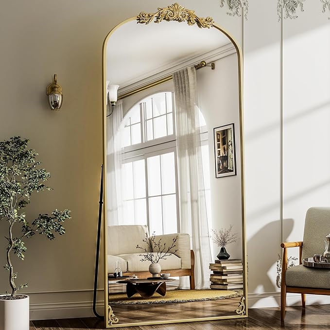 GLSLAND 77"x 38" Vintage Full Length Mirror - Large Carved Floor Mirror with Metal Frame Baroque Arched Full Body Mirrors for Bathroom/Living Room/Entryway,Gold