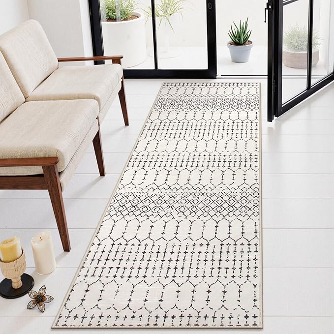 Lahome Moroccan Washable 2x6 Runner Rug, Non-Slip Beige Kitchen Hallway Runner Rug, Ultra Soft Geometric Print Distressed Floor Carpet for Hallways Entryway Bedroom Laundry Hana