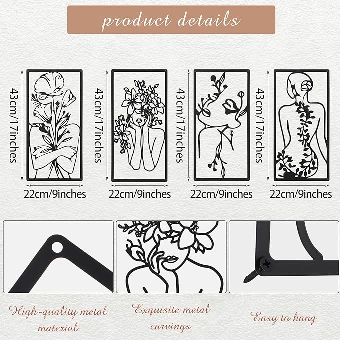 Cindeer 4 Pcs Metal Wall Art Decor Minimalist Abstract Woman Wall Art Line Drawing metal line art Home Hanging Art Decor for Bedroom Kitchen Bathroom Living Room(Fresh,Black)