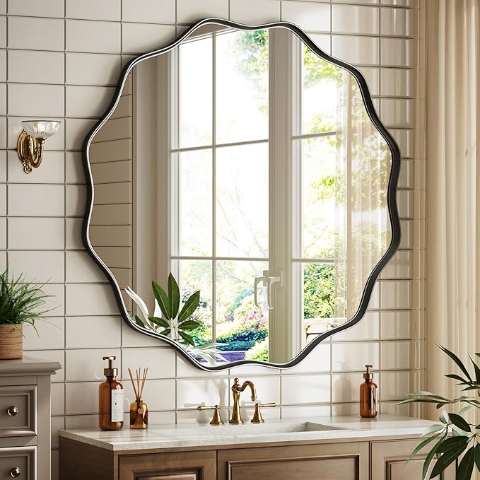 Round Wavy Mirror 42 Inch Bathroom Vanity Mirror Metal Frame Circle Wall Mounted Mirror for Bedroom Living Room Entryway Black