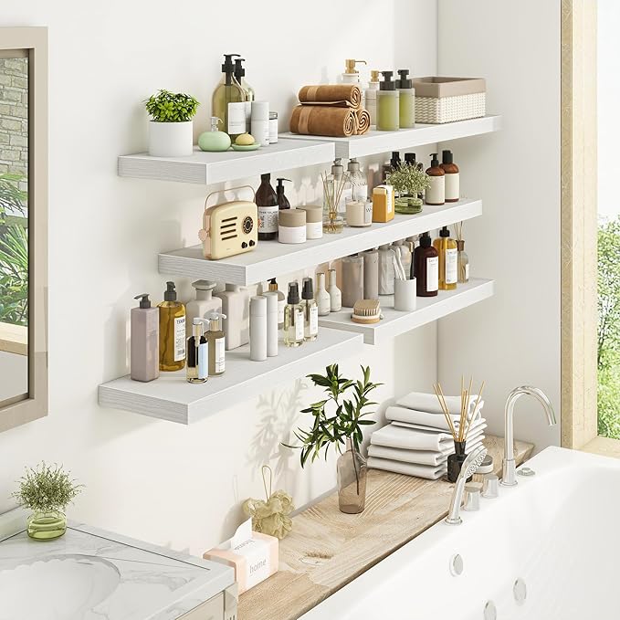 Fun Memories Floating Shelves - 2 Pack 9.3 Inch Deep Rustic Wooden Wall Shelves - Wall Mounted Storage Shelf with Invisible Brackets, 24" W x 9" D x 1.6" H - White